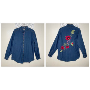 Coldwater Creek LARGE Denim Shirt Jacket Button up Embroidered Applique Flowers